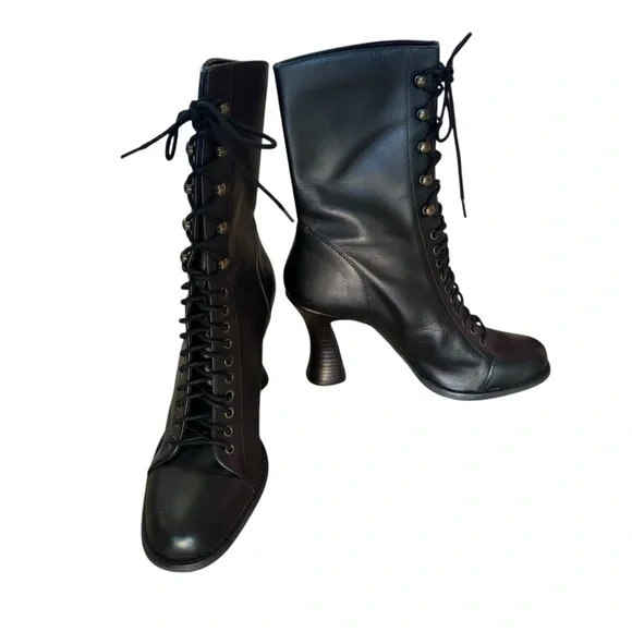 Vintage 80s Euro Club Victorian Style Black Leather LaceUp Granny Boots Goth 8.5 - Picture 5 of 12